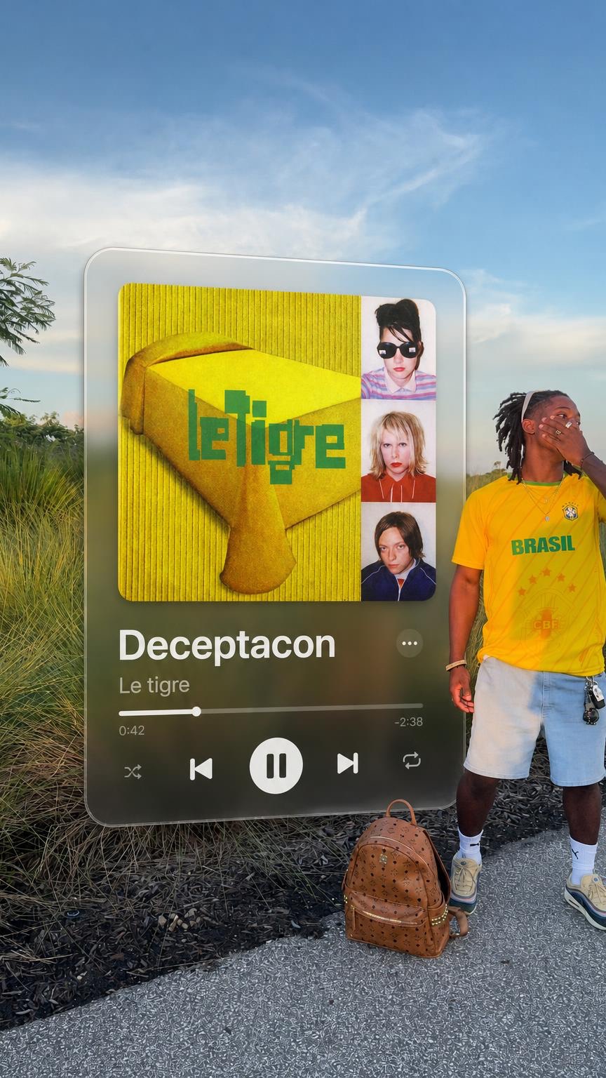 Street photograph with a cinematic floating music-player card