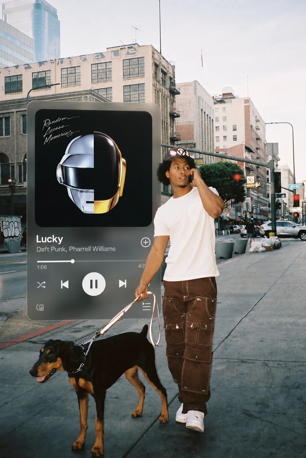 Street photograph with a cinematic floating music-player card