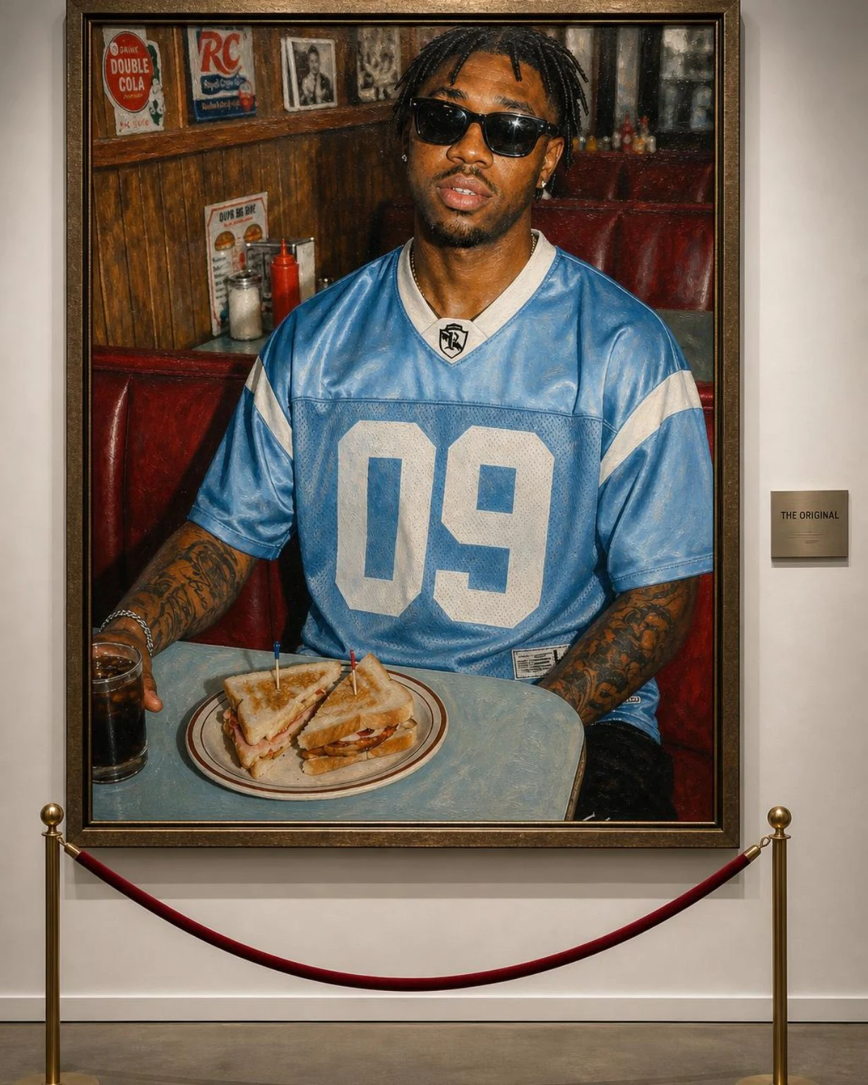 Complete photograph mounted on a museum wall beside a plaque and velvet rope